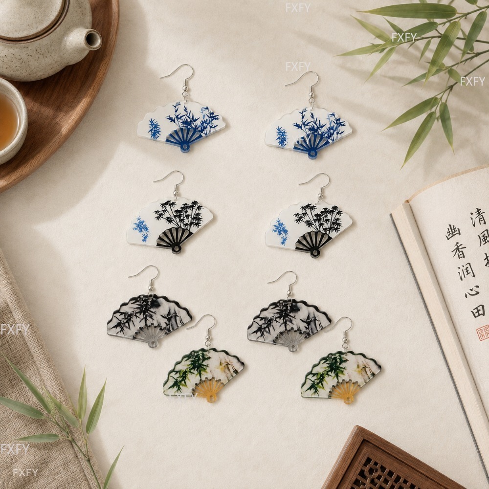 8pcs Chinese Fan-shaped Ink Painting Earring Set